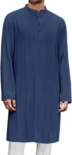 Runcati Mens Kaftan Thobe Button Down Henley Shirts Robe Long Sleeve Casual Cotton Pleated Muslim Gown Shirt