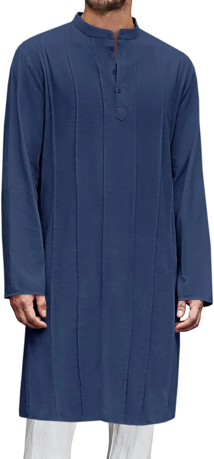 Runcati Mens Kaftan Thobe Button Down Henley Shirts Robe Long Sleeve Casual Cotton Pleated Muslim Gown Shirt