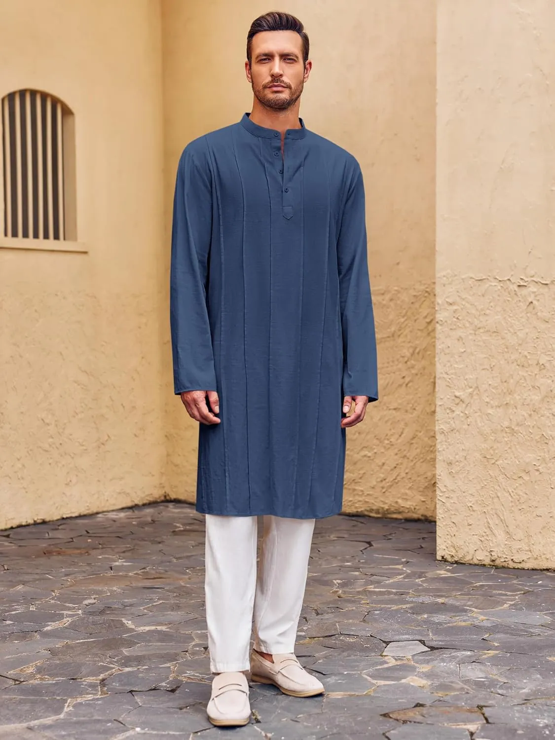 Runcati Mens Kaftan Thobe Button Down Henley Shirts Robe Long Sleeve Casual Cotton Pleated Muslim Gown Shirt