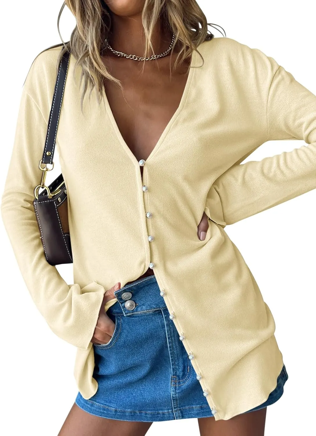 Saodimallsu Women Deep V Neck Cardigan Lightweight Button Down Long Sleeve Loose Open Front Knit Summer Shirts