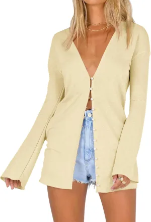Saodimallsu Women Deep V Neck Cardigan Lightweight Button Down Long Sleeve Loose Open Front Knit Summer Shirts