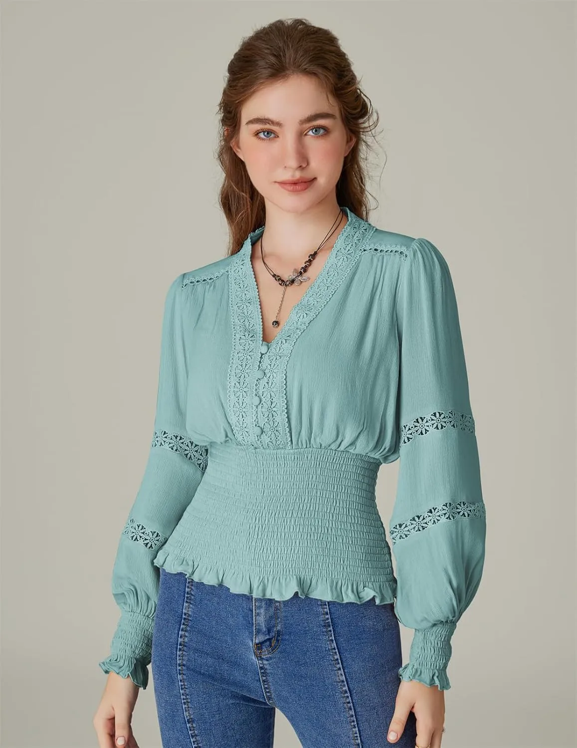 Scarlet Darkness Women's Renaissance Peasant Blouse V Neck Lantern Sleeve Lace Smocked Tops
