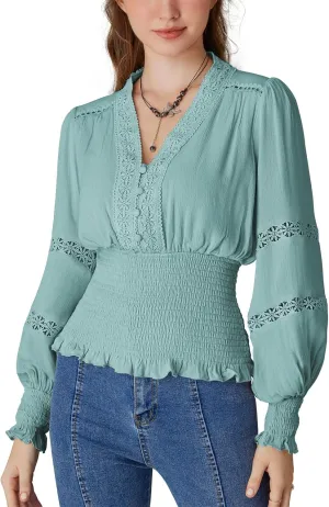 Scarlet Darkness Women's Renaissance Peasant Blouse V Neck Lantern Sleeve Lace Smocked Tops