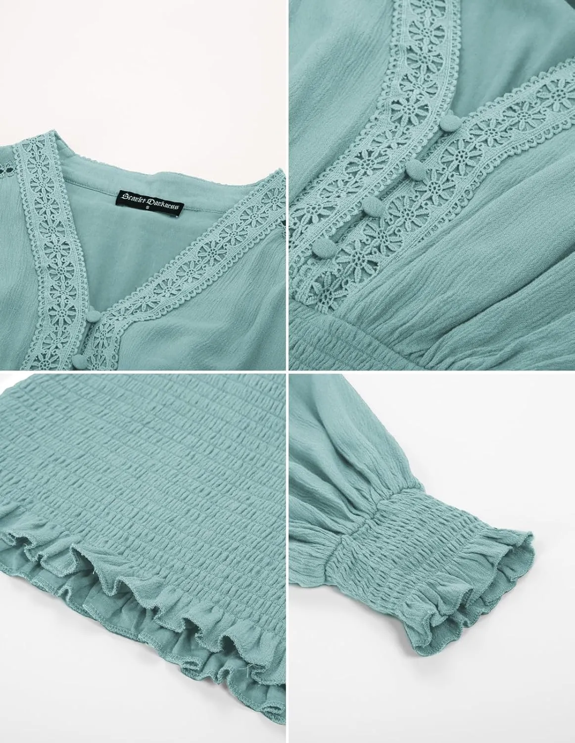 Scarlet Darkness Women's Renaissance Peasant Blouse V Neck Lantern Sleeve Lace Smocked Tops