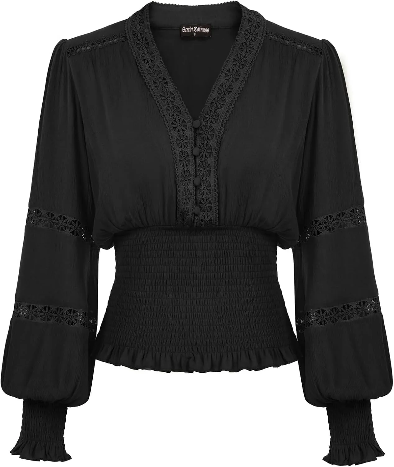 Scarlet Darkness Women's Renaissance Peasant Blouse V Neck Lantern Sleeve Lace Smocked Tops
