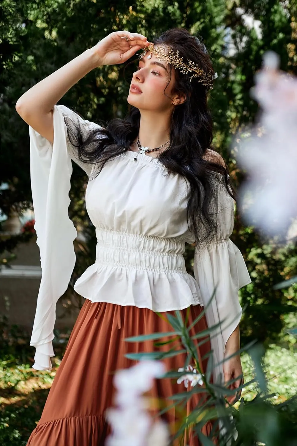 Scarlet Darkness Women's Renaissance Shirt Ruffle Sleeve Off The Shoulder Peplum Blouse Peasant Dressy Top