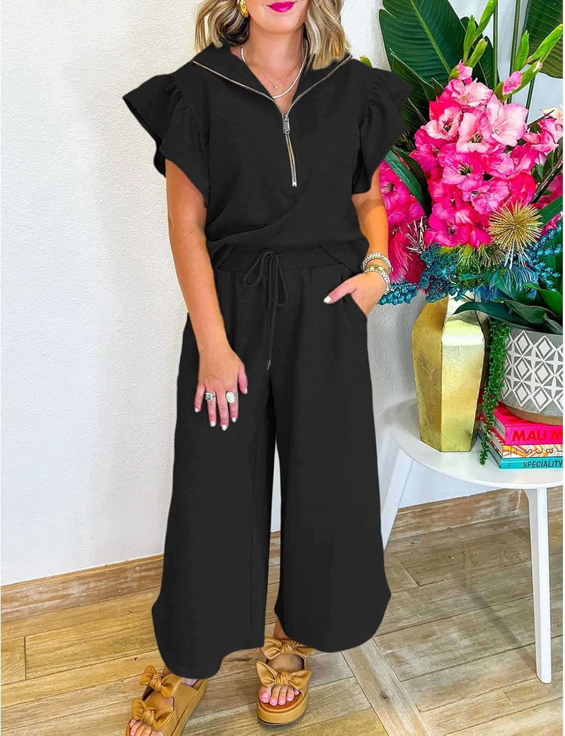 SELINK Two Piece Sets for Women Summer Outfits Ruffle Cap Sleeve Zip Top Wide Leg Pants Lounge Set Tracksuits
