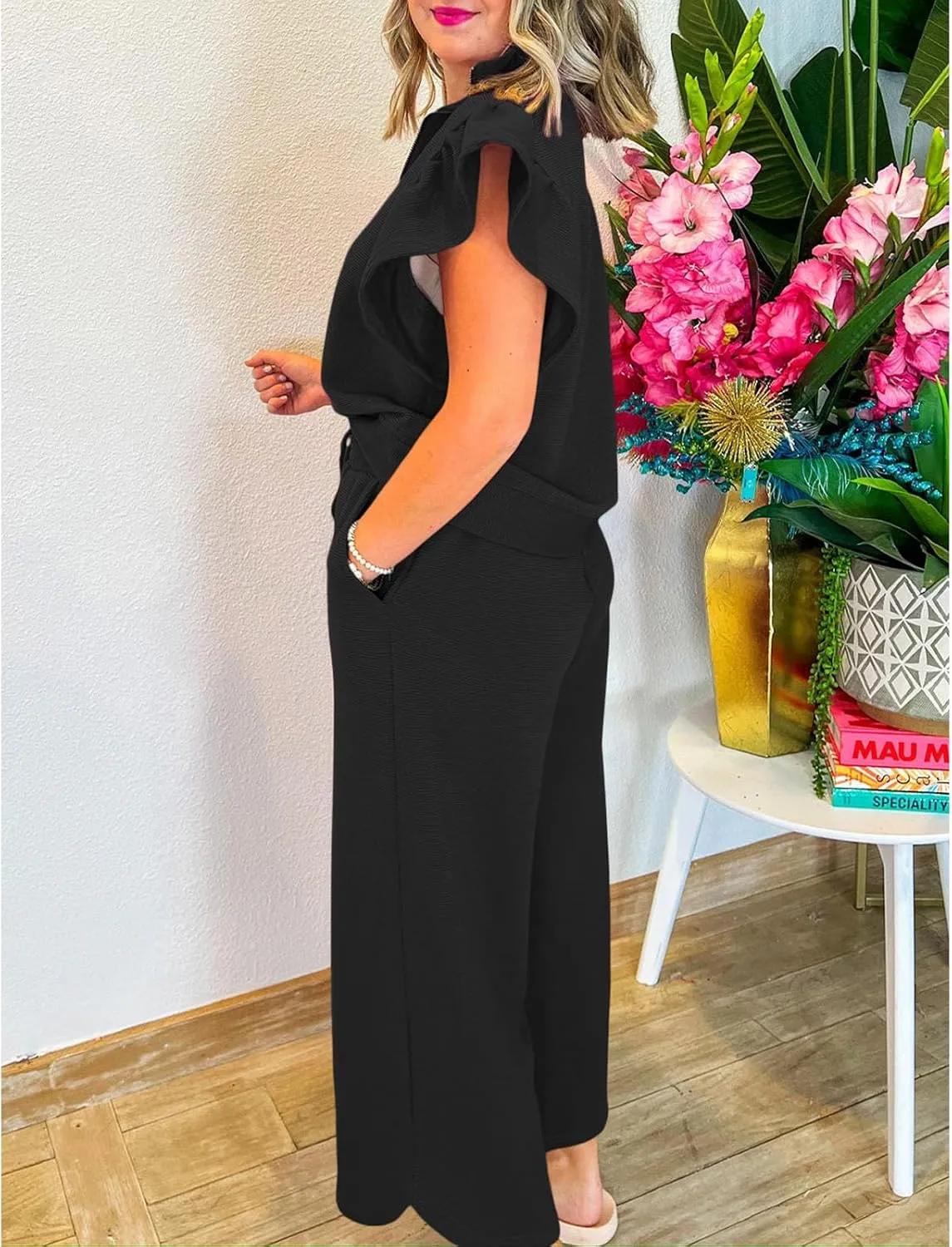 SELINK Two Piece Sets for Women Summer Outfits Ruffle Cap Sleeve Zip Top Wide Leg Pants Lounge Set Tracksuits