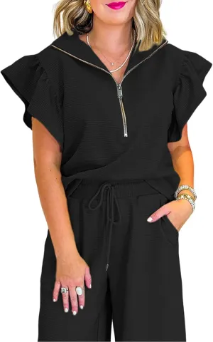 SELINK Two Piece Sets for Women Summer Outfits Ruffle Cap Sleeve Zip Top Wide Leg Pants Lounge Set Tracksuits