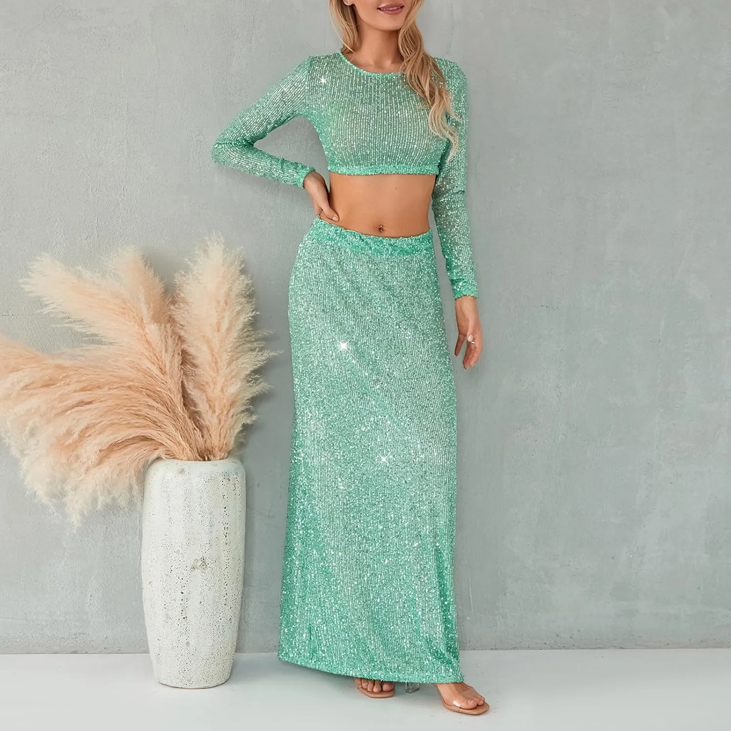 Sequin Skirt for Women Low Waist Disco Dresses Skirt Sparkle Glitter Party Night Mermaid Flowy Long Maxi Skirt