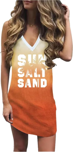 Sexy Summer Dress for Women Sun Salt Sand Graphic Mini Dress Hawaii Beach Vacation Dresses Summer Sexy V Neck Sundress