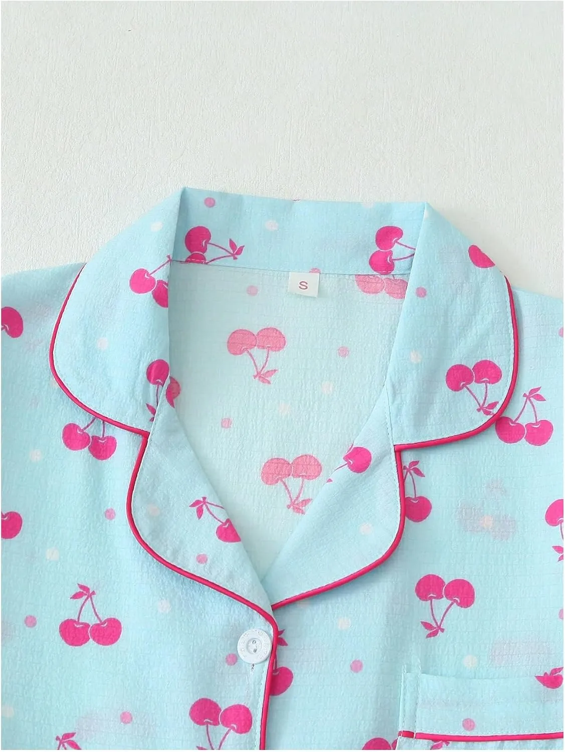 SHENHE Women's Cherry Print Pajama Set Coquette Bow Collar Button Down Short Sleeve Cute Pjs Shorts Set