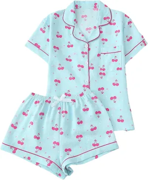 SHENHE Women's Cherry Print Pajama Set Coquette Bow Collar Button Down Short Sleeve Cute Pjs Shorts Set