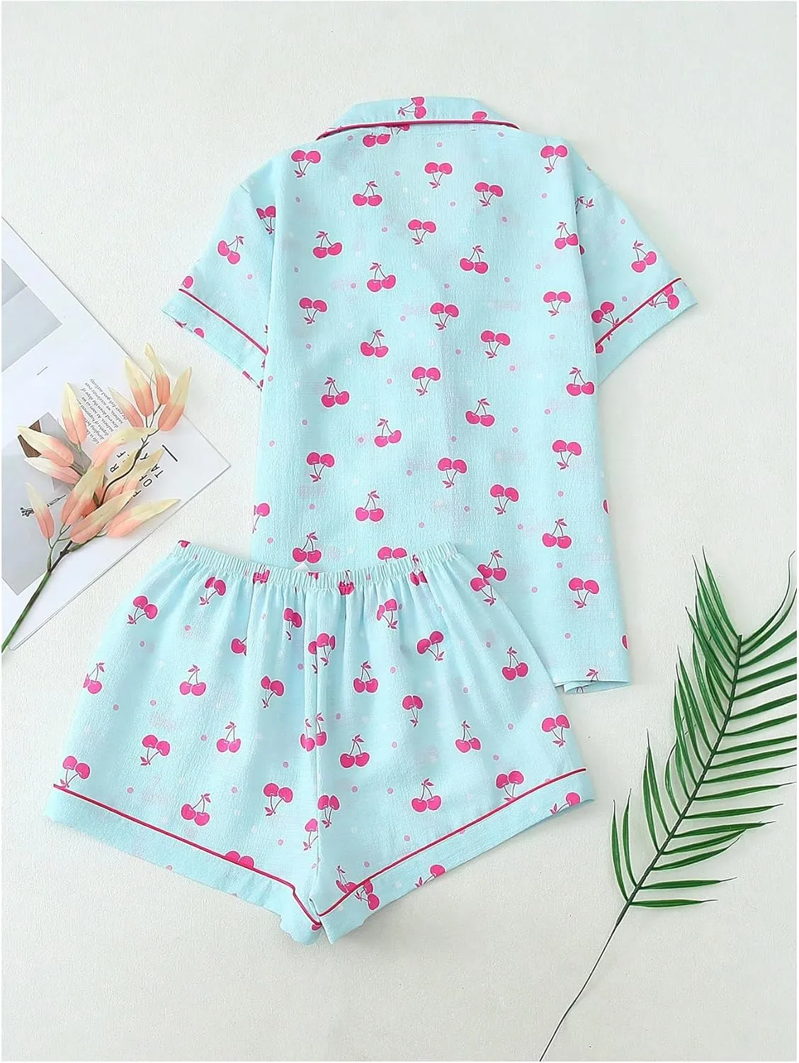 SHENHE Women's Cherry Print Pajama Set Coquette Bow Collar Button Down Short Sleeve Cute Pjs Shorts Set