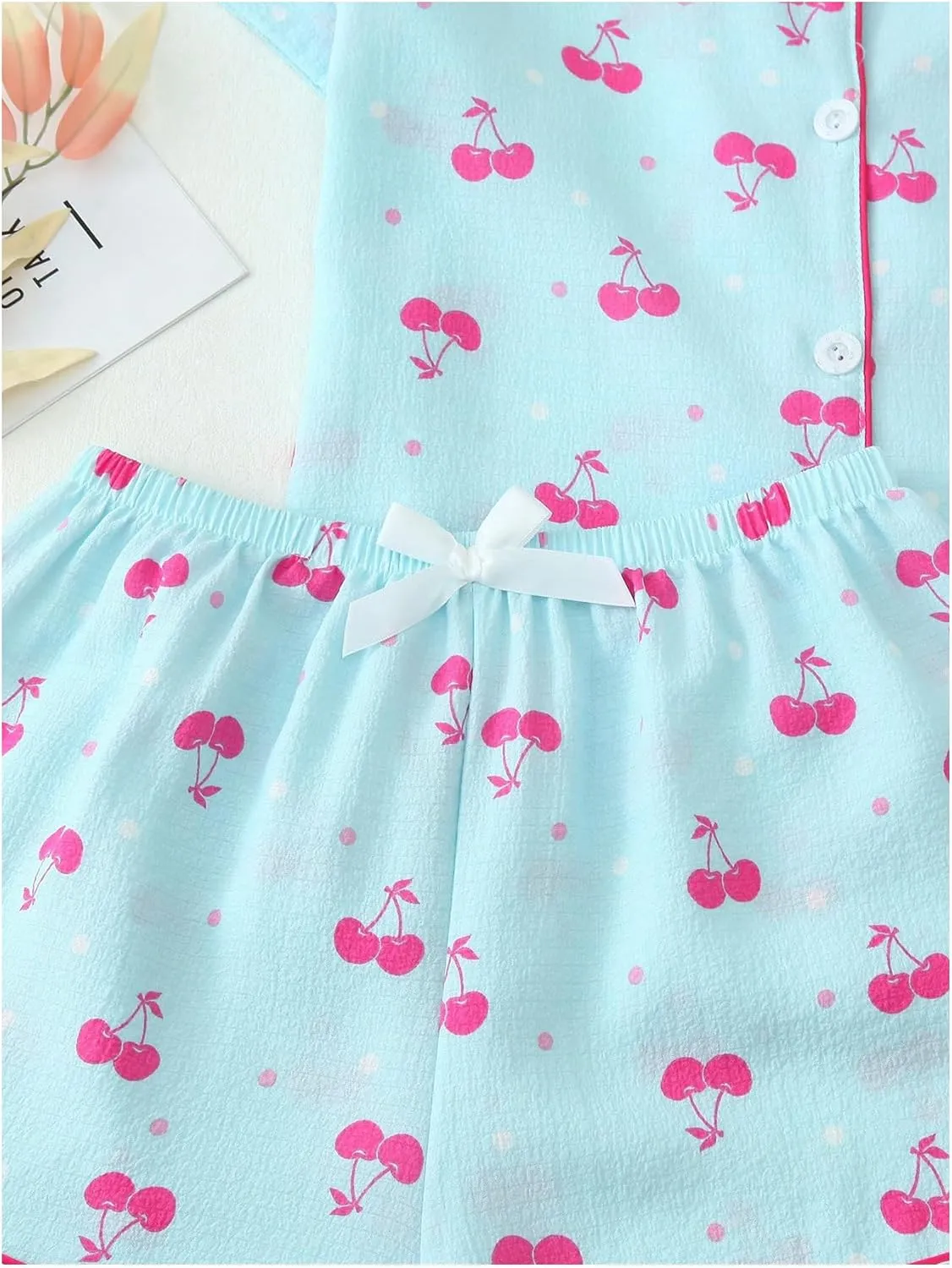 SHENHE Women's Cherry Print Pajama Set Coquette Bow Collar Button Down Short Sleeve Cute Pjs Shorts Set