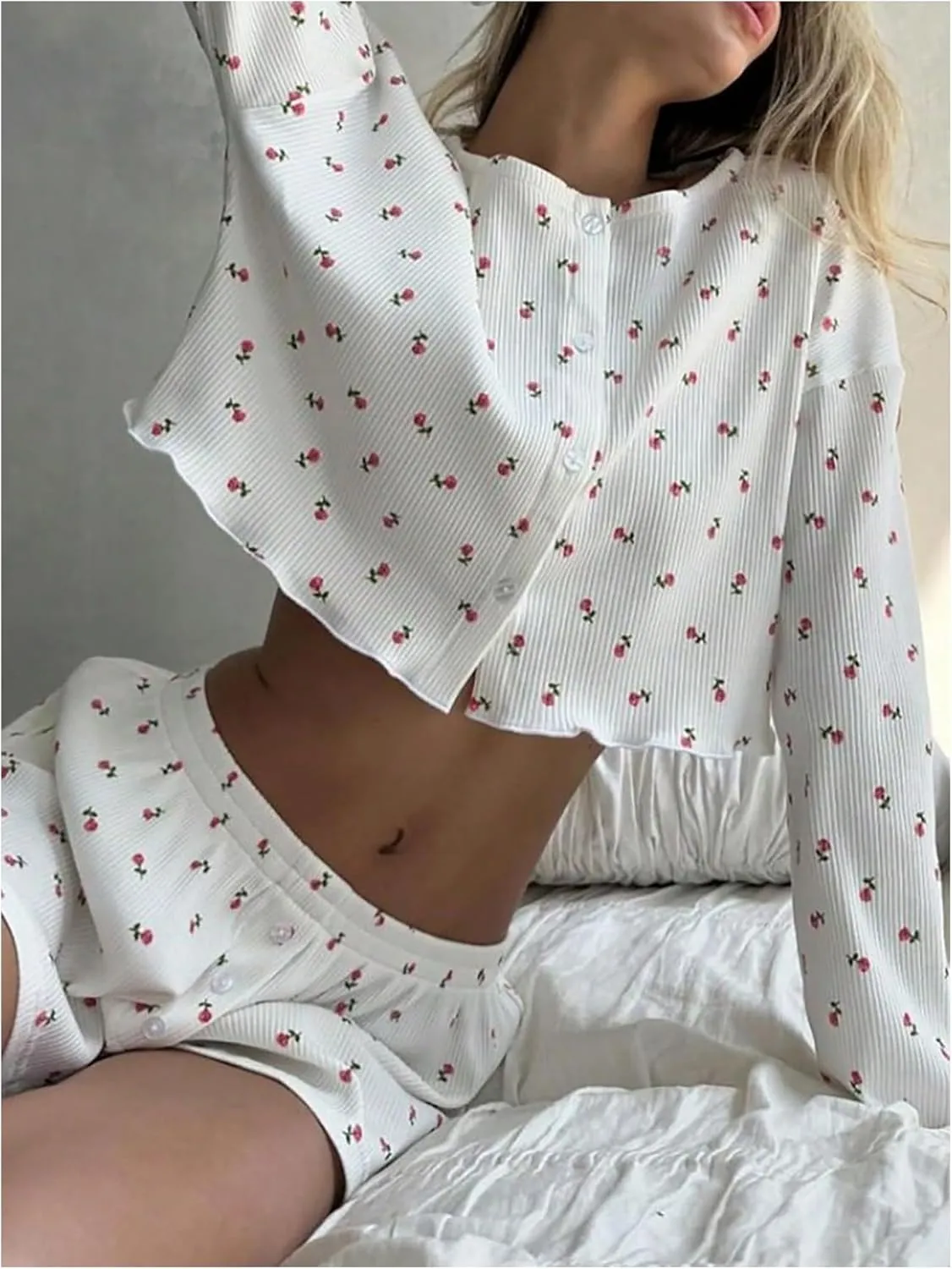SHENHE Women's Floral Pajama Set Long Sleeve Button Up Crop Top and Shorts 2 Piece Loungewear