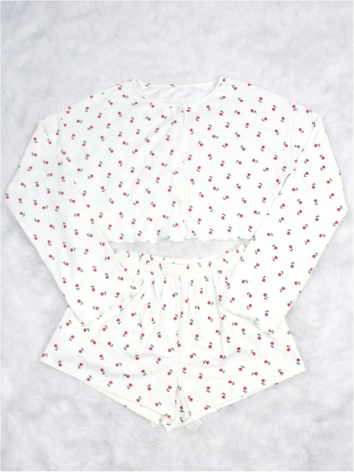 SHENHE Women's Floral Pajama Set Long Sleeve Button Up Crop Top and Shorts 2 Piece Loungewear