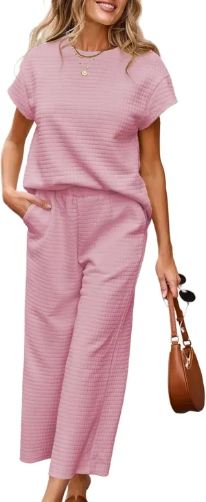 SHEWIN Womens Two Piece Spring Outfits Sweatsuits Casual Pullover Tops and Wide Leg Sweatpant Lounge Sets