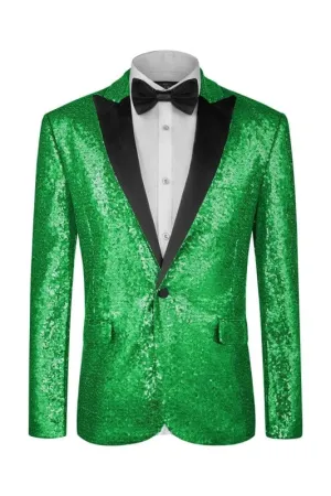 Shiny Green Sequins Two Pieces Prom Suits Peaked Lapel One Button Bestmen Tuxedo