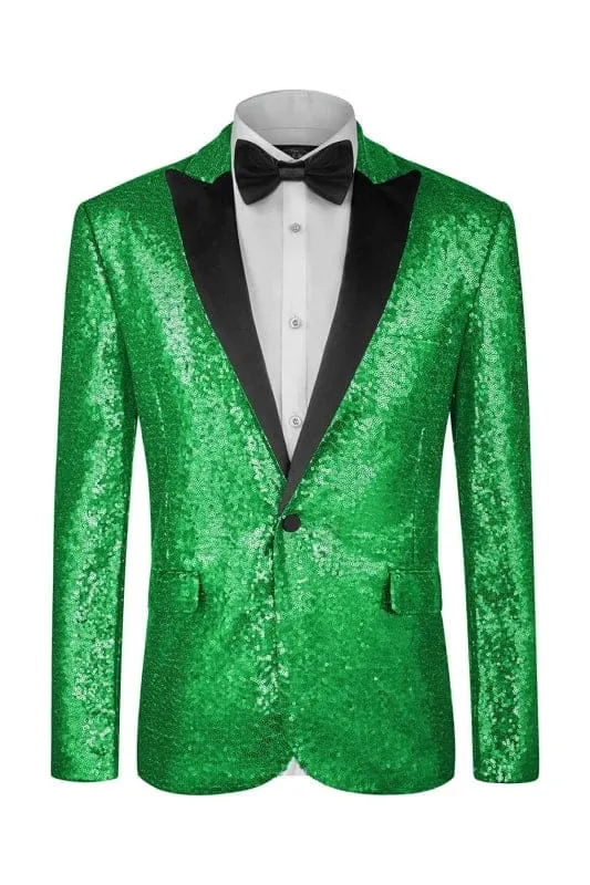 Shiny Green Sequins Two Pieces Prom Suits Peaked Lapel One Button Bestmen Tuxedo