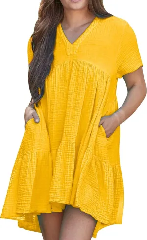 Short Sleeve Babydoll Dress for Women Summer V Neck Knee Length Holiday Sundress Casual Flowy Dress Plus Size