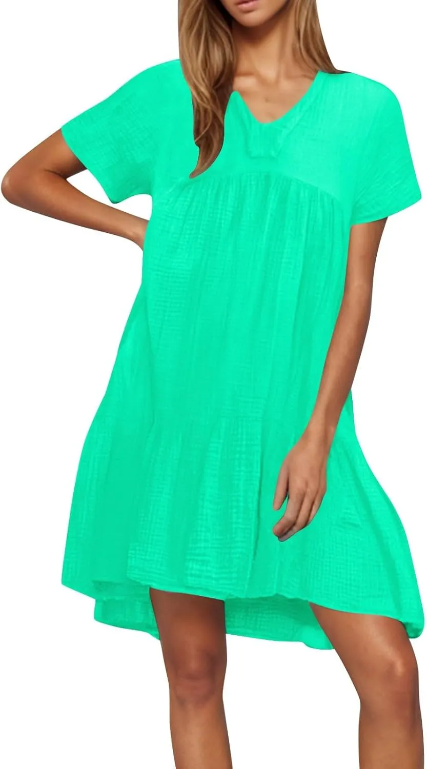 Short Sleeve Babydoll Dress for Women Summer V Neck Knee Length Holiday Sundress Casual Flowy Dress Plus Size
