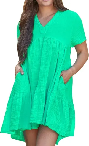 Short Sleeve Babydoll Dress for Women Summer V Neck Knee Length Holiday Sundress Casual Flowy Dress Plus Size
