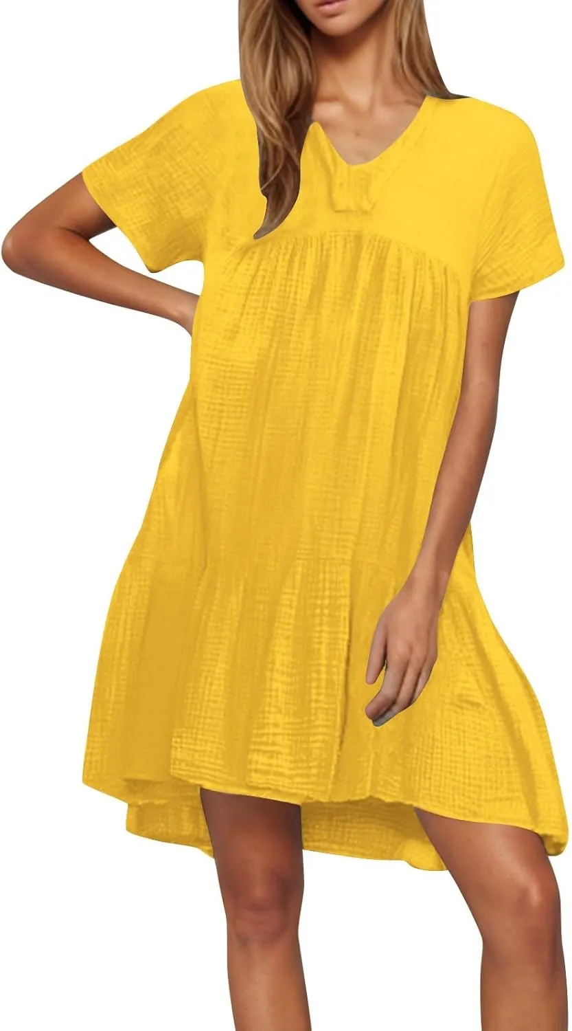 Short Sleeve Babydoll Dress for Women Summer V Neck Knee Length Holiday Sundress Casual Flowy Dress Plus Size