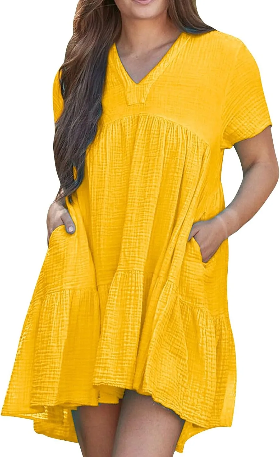 Short Sleeve Babydoll Dress for Women Summer V Neck Knee Length Holiday Sundress Casual Flowy Dress Plus Size