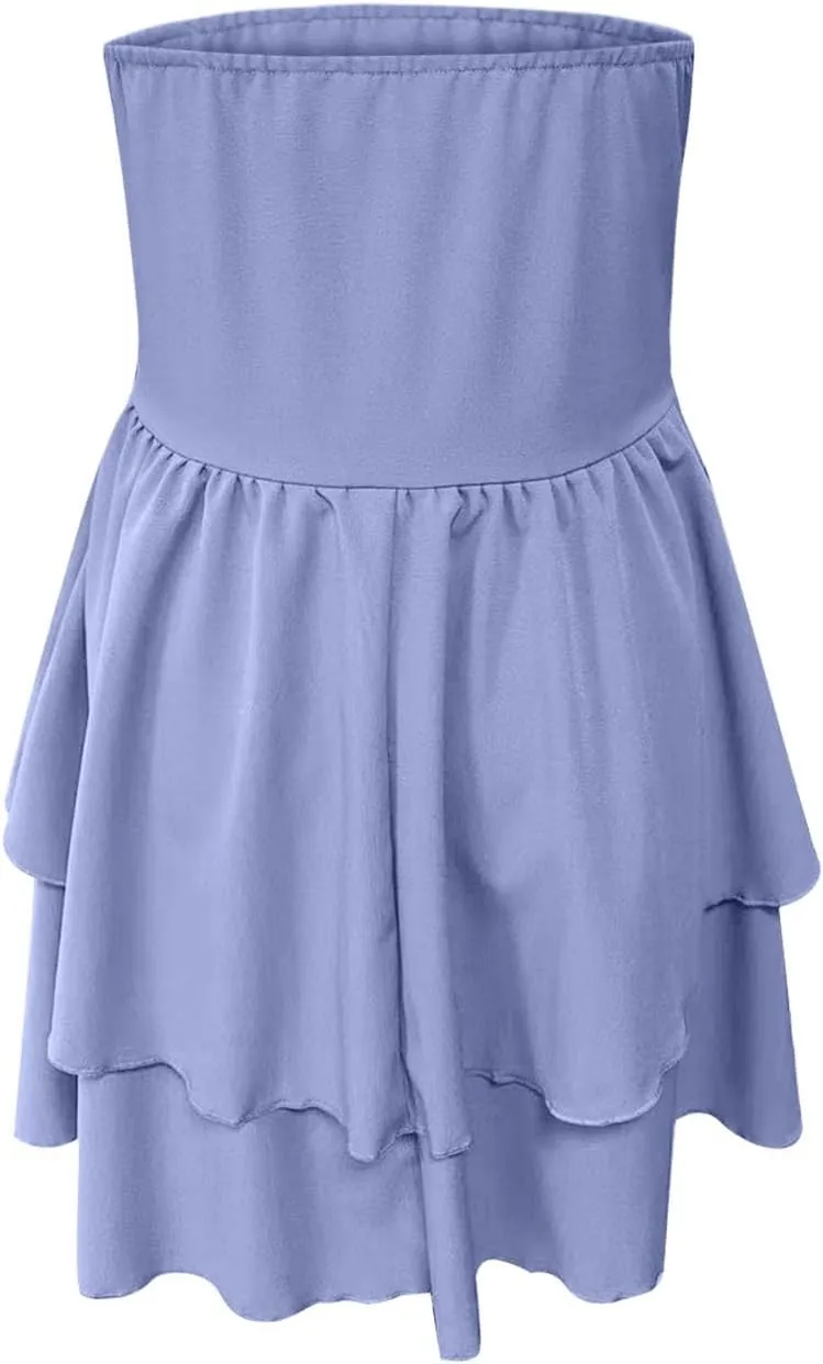 Sinzelimin Womens Sexy Bandeau Mini Dresses Fashion Solid Layered Ruffles Pleated A-Line Short Dress Summer Beach Sundress