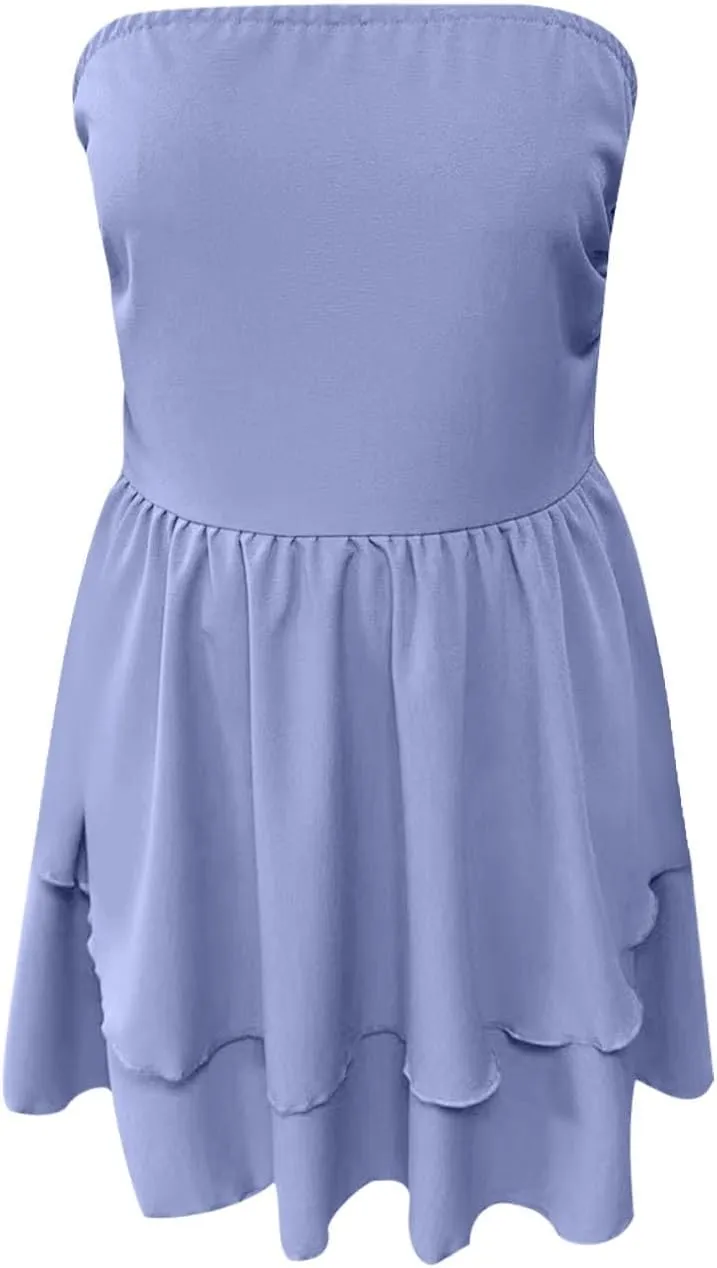 Sinzelimin Womens Sexy Bandeau Mini Dresses Fashion Solid Layered Ruffles Pleated A-Line Short Dress Summer Beach Sundress
