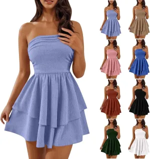 Sinzelimin Womens Sexy Bandeau Mini Dresses Fashion Solid Layered Ruffles Pleated A-Line Short Dress Summer Beach Sundress