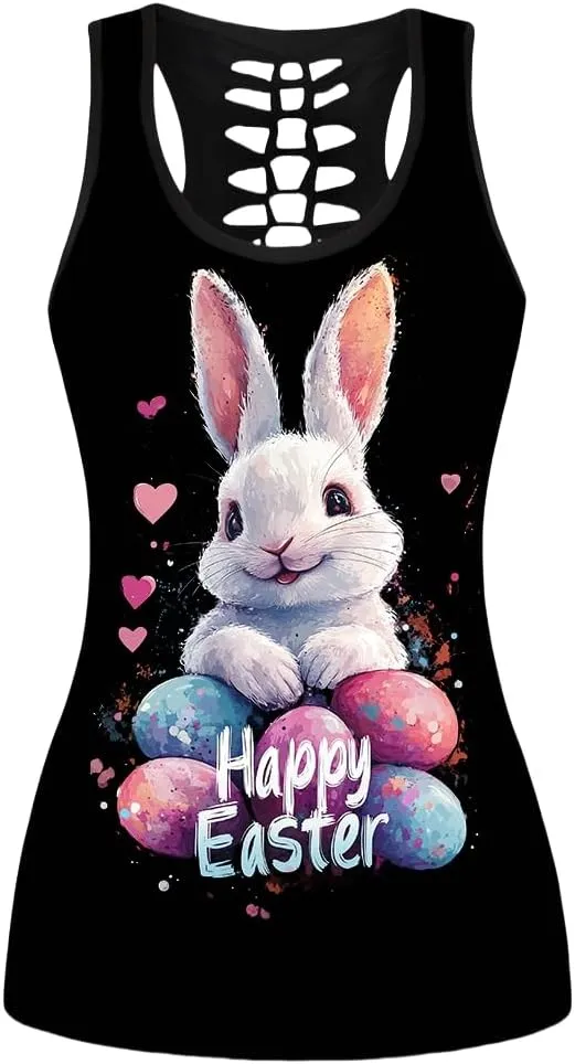 Sister Amy Women's Easter Egg Rabbit Fashionable Patterns Print Hollow Out T-Shirt Crew Neck Plus Size Tank Top