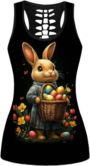 Sister Amy Women's Easter Egg Rabbit Fashionable Patterns Print Hollow Out T-Shirt Crew Neck Plus Size Tank Top