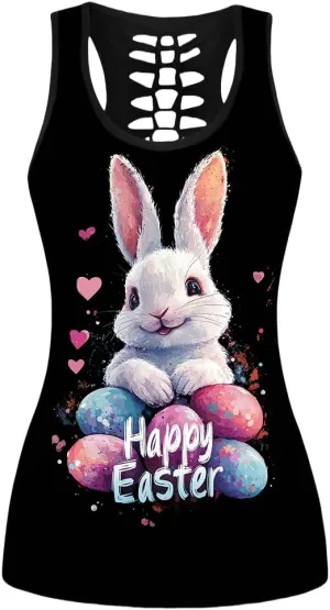 Sister Amy Women's Easter Egg Rabbit Fashionable Patterns Print Hollow Out T-Shirt Crew Neck Plus Size Tank Top