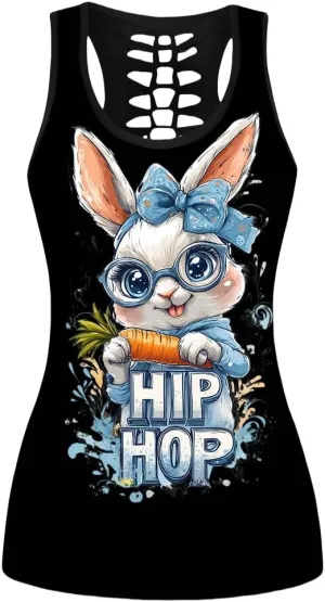 Sister Amy Women's Easter Egg Rabbit Fashionable Patterns Print Hollow Out T-Shirt Crew Neck Plus Size Tank Top