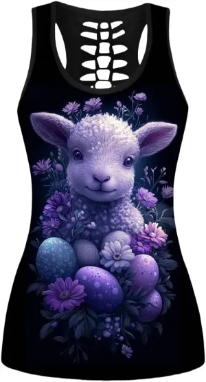 Sister Amy Women's Easter Egg Rabbit Fashionable Patterns Print Hollow Out T-Shirt Crew Neck Plus Size Tank Top