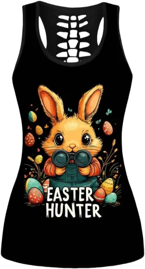Sister Amy Women's Easter Egg Rabbit Fashionable Patterns Print Hollow Out T-Shirt Crew Neck Plus Size Tank Top