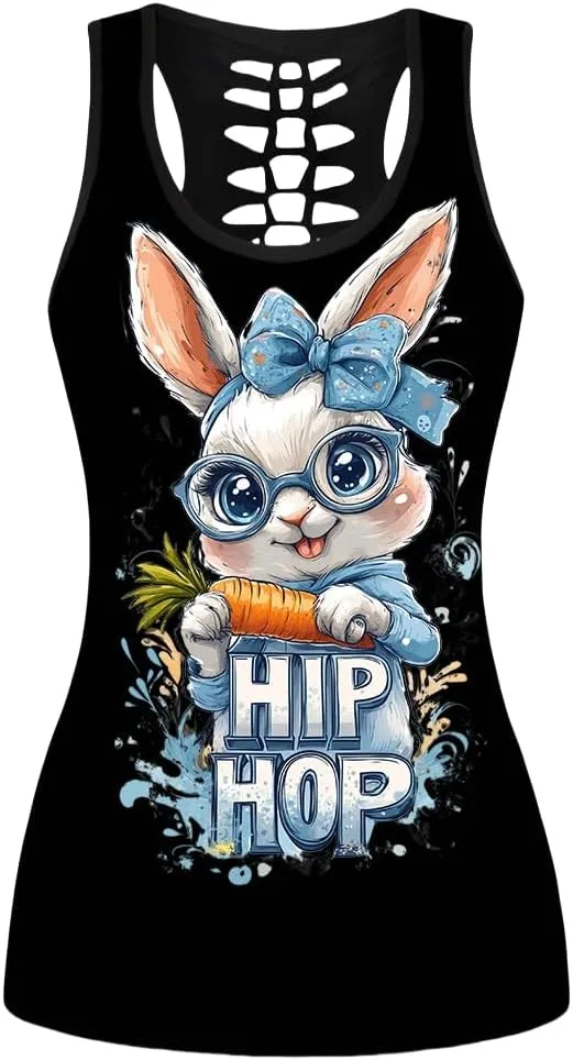Sister Amy Women's Easter Egg Rabbit Fashionable Patterns Print Hollow Out T-Shirt Crew Neck Plus Size Tank Top