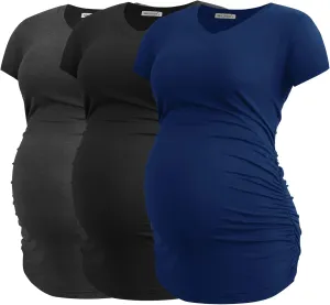Smallshow Women's V Neck Maternity Clothes Tops Side Ruched Pregnancy T Shirt