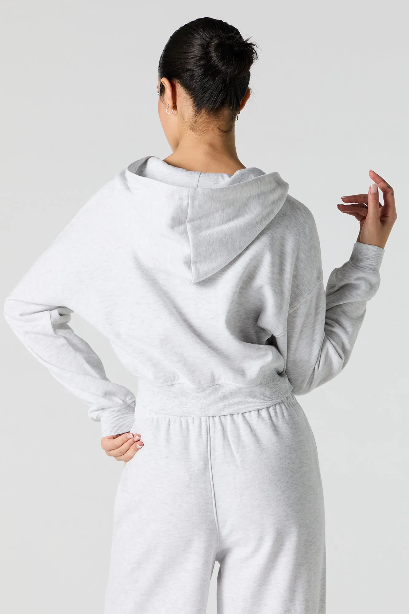 Solid Fleece Cropped Zip-Up Hoodie