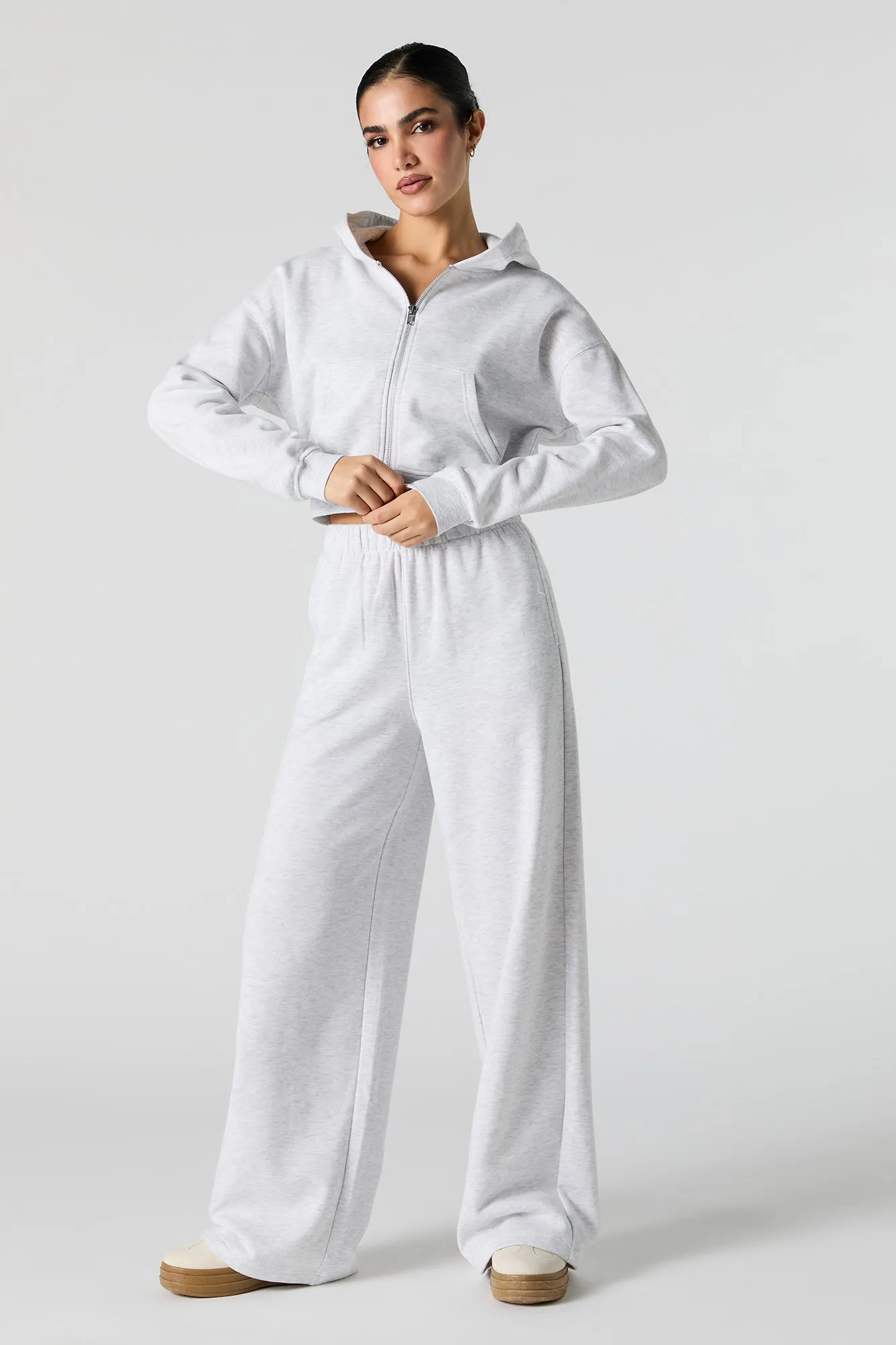 Solid Fleece Cropped Zip-Up Hoodie