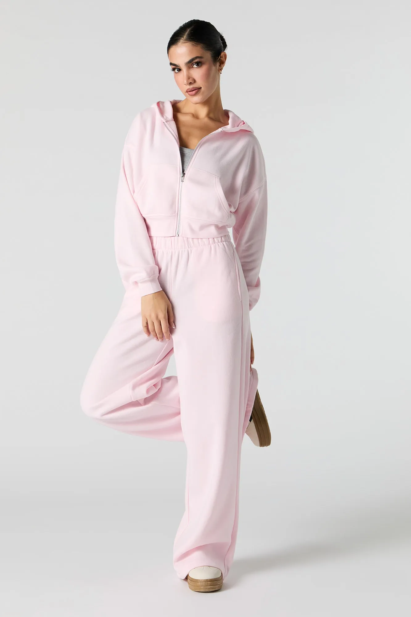 Solid Fleece Cropped Zip-Up Hoodie