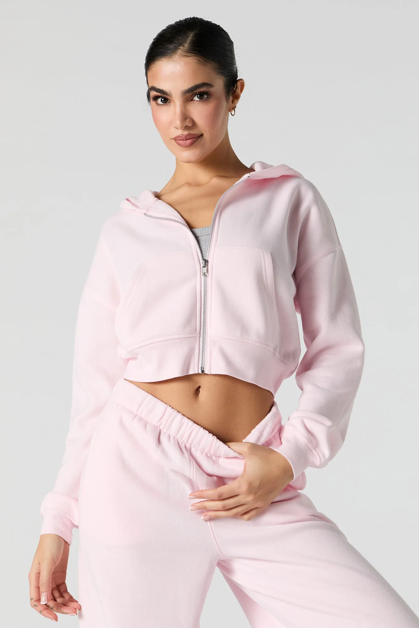 Solid Fleece Cropped Zip-Up Hoodie