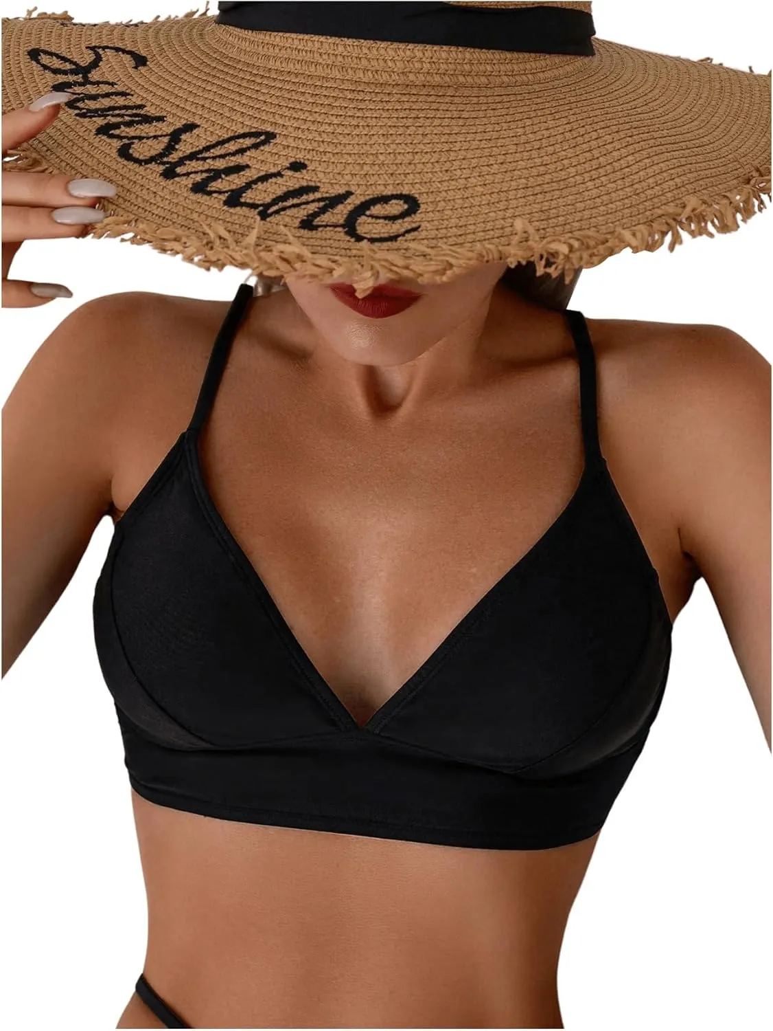 SOLY HUX Women's Bikini Top Spaghetti Strap V Neck Bathing Suit Tops Swimsuit