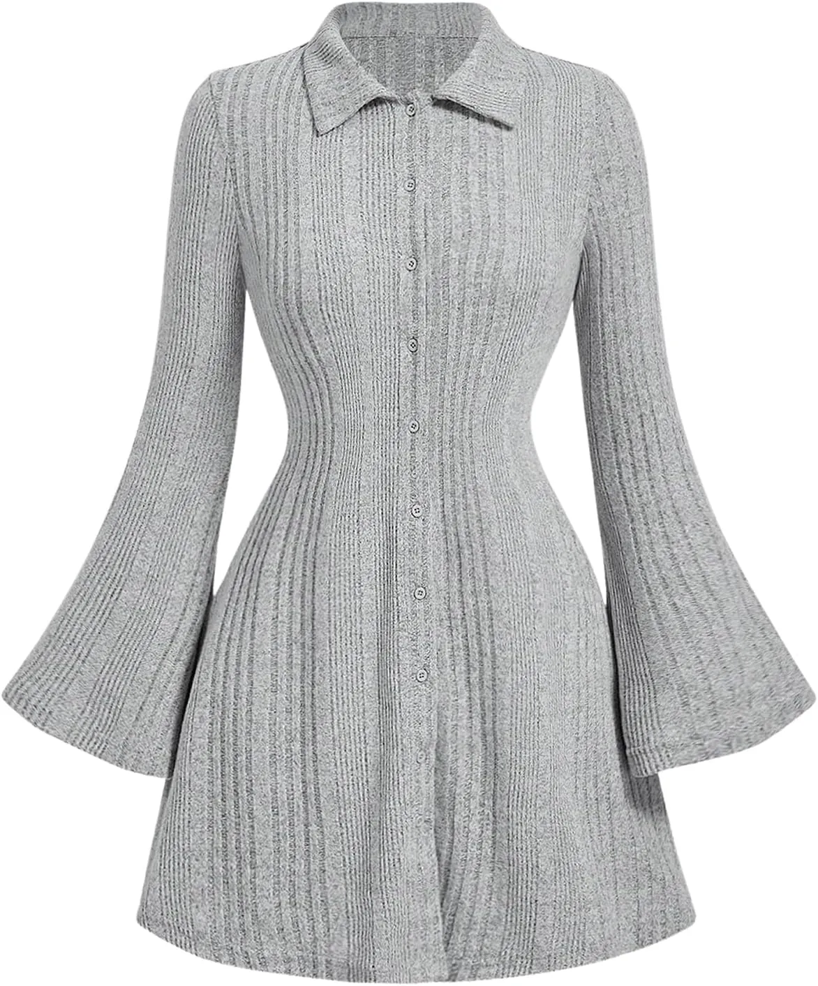 SOLY HUX Women's Button Down Rib Knitted Mini Dress Long Bell Sleeve Flowy Dresses Fall Clothes