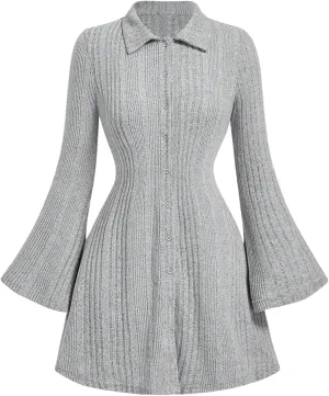SOLY HUX Women's Button Down Rib Knitted Mini Dress Long Bell Sleeve Flowy Dresses Fall Clothes