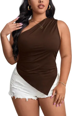 SOLY HUX Women's Plus Size One Shoulder Tank Top Sleeveless Asymmetrical Shirt Tops