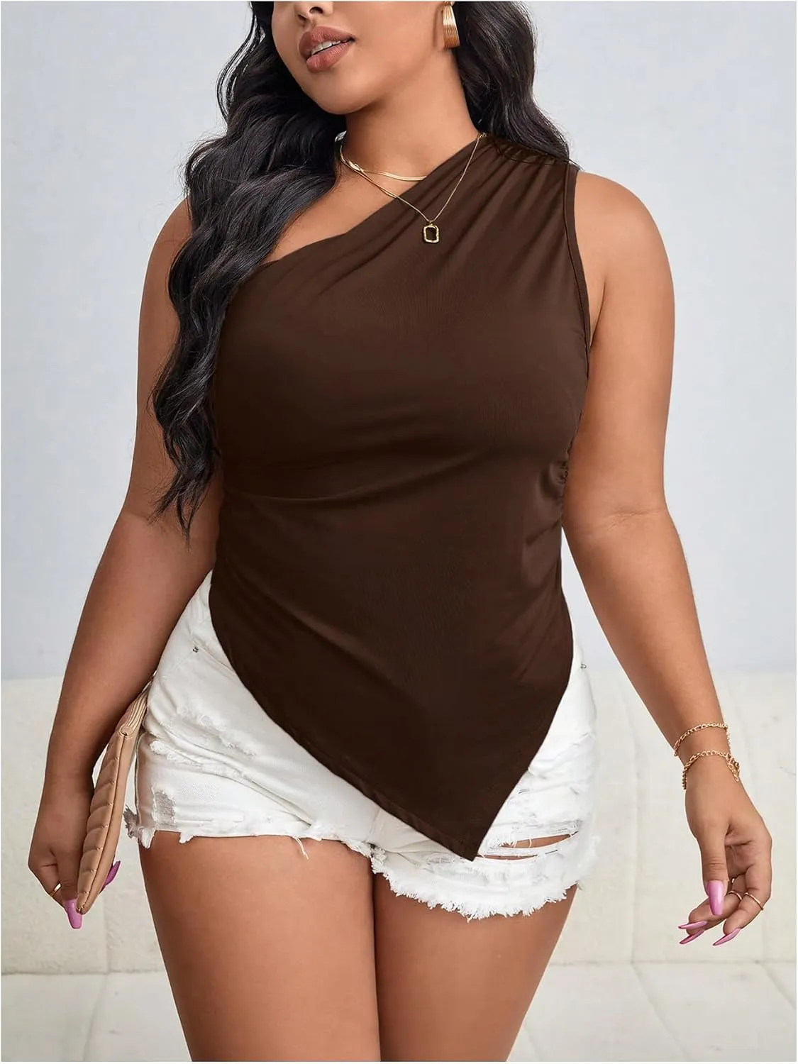 SOLY HUX Women's Plus Size One Shoulder Tank Top Sleeveless Asymmetrical Shirt Tops