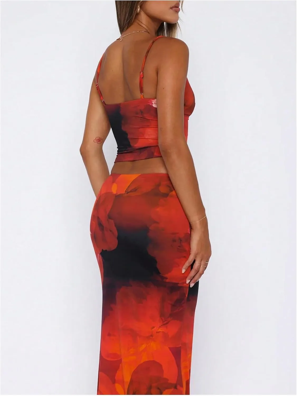 SOLY HUX Women's Skirt Sets 2 Piece Outfits Tie Dye Cami Tops and Bodycon Long Skirt Set